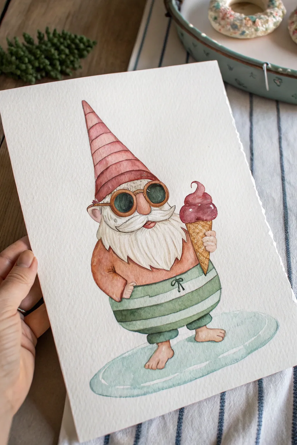 Capture sunny vibes with this adorable watercolor beach gnome painting inspiration.