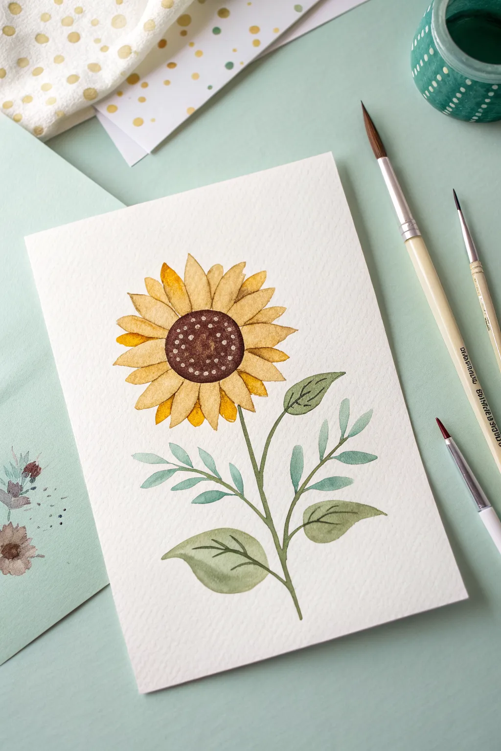 Easy cute sunflower on a mint pastel background with rounded petals and cozy minimal boho vibes