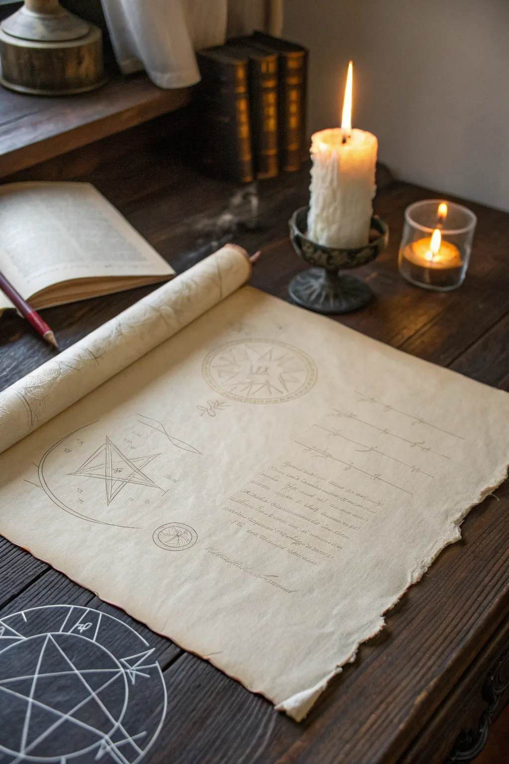 Candlelit parchment with faint alchemy geometry, a dark academia focal piece with quiet mystery