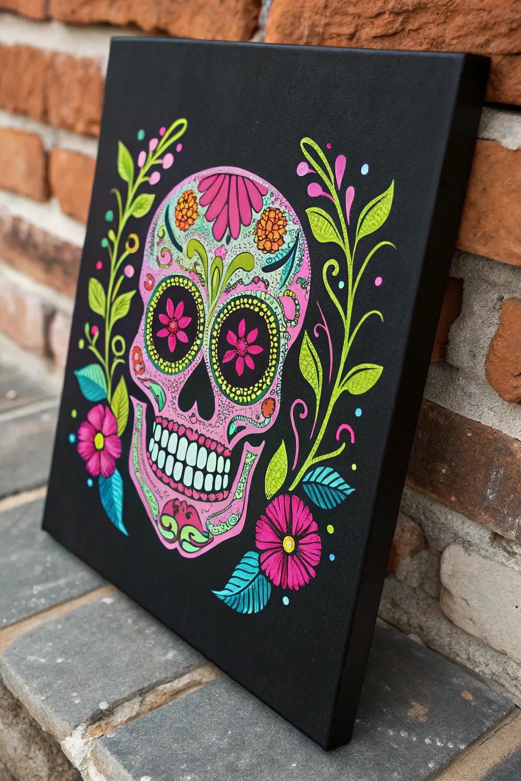Neon calavera glow on deep black for bold Day of the Dead painting inspiration today