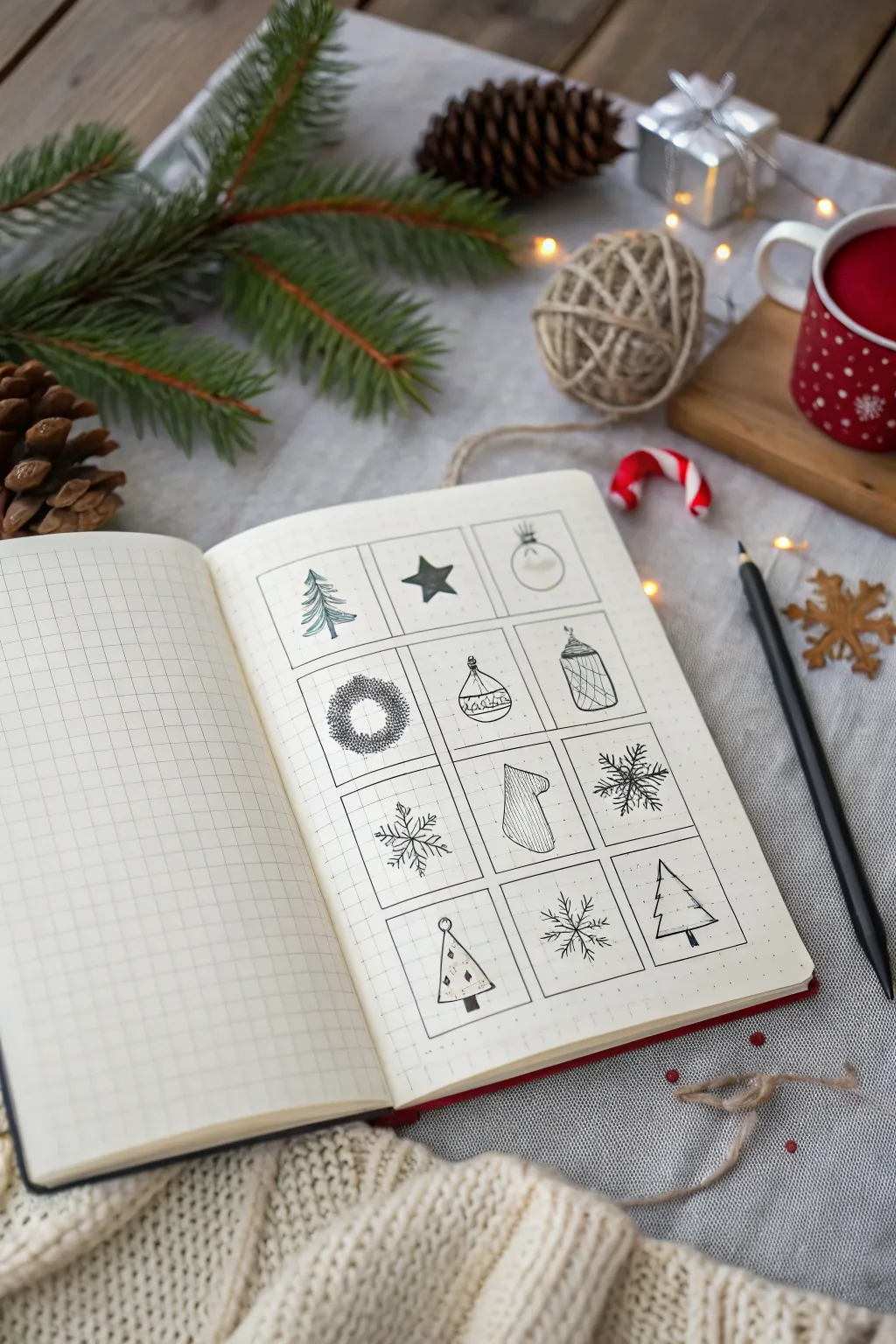 A minimalist daily prompt grid for December doodles, with tiny icons in each box to inspire you.