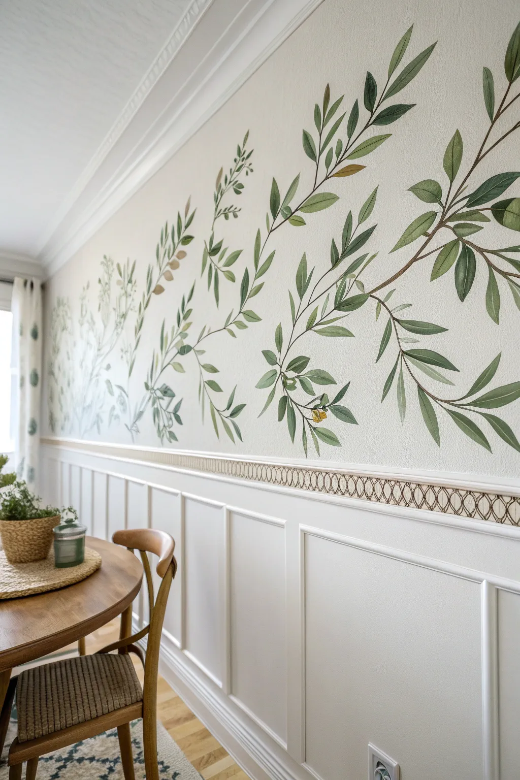 Hand-painted vine border adds airy botanical charm to a minimalist dining room wall.