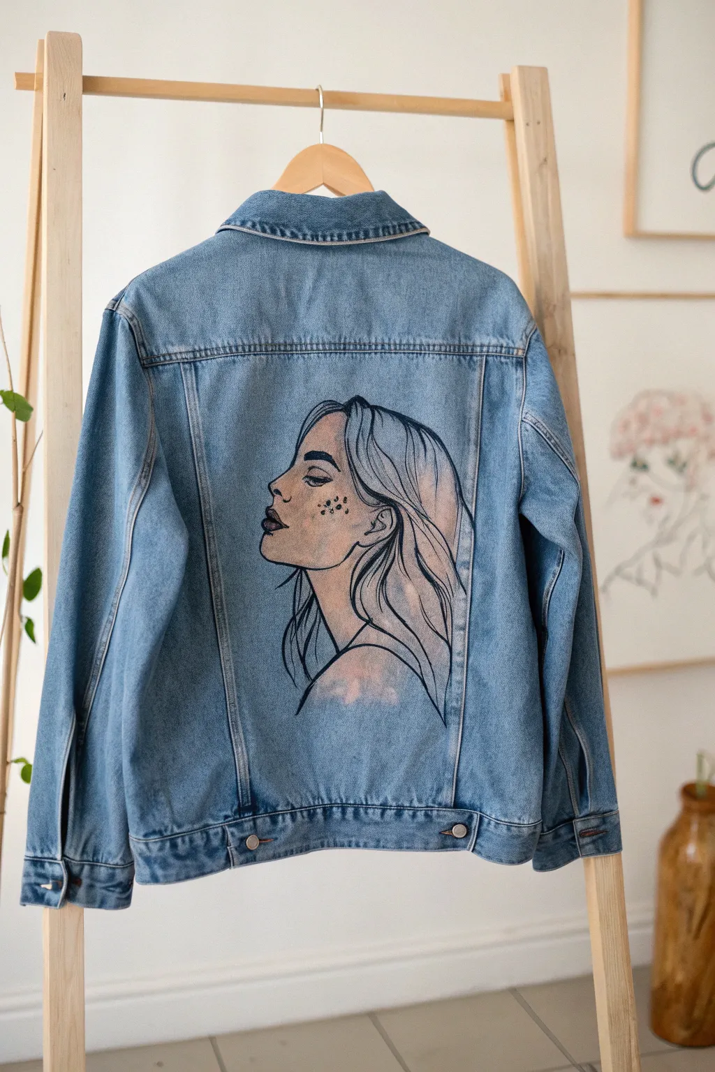 Denim jacket with a loose line-and-wash portrait and intentional drips for minimalist DIY style