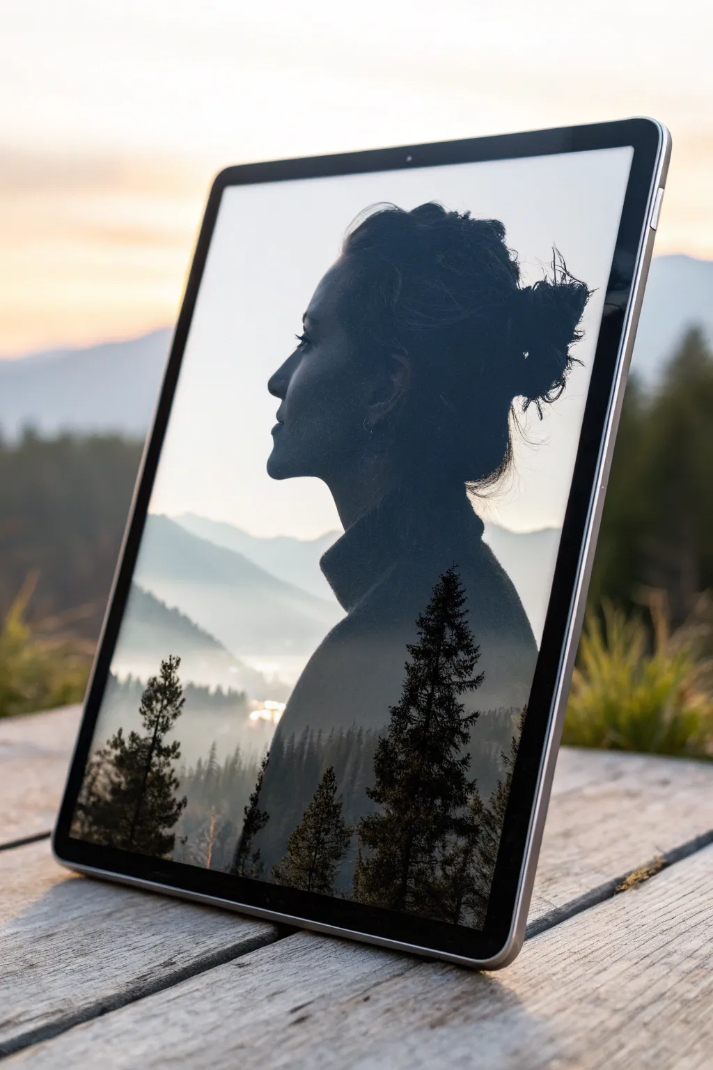 Minimal double-exposure portrait: a calm side profile filled with tiny mountains and sky