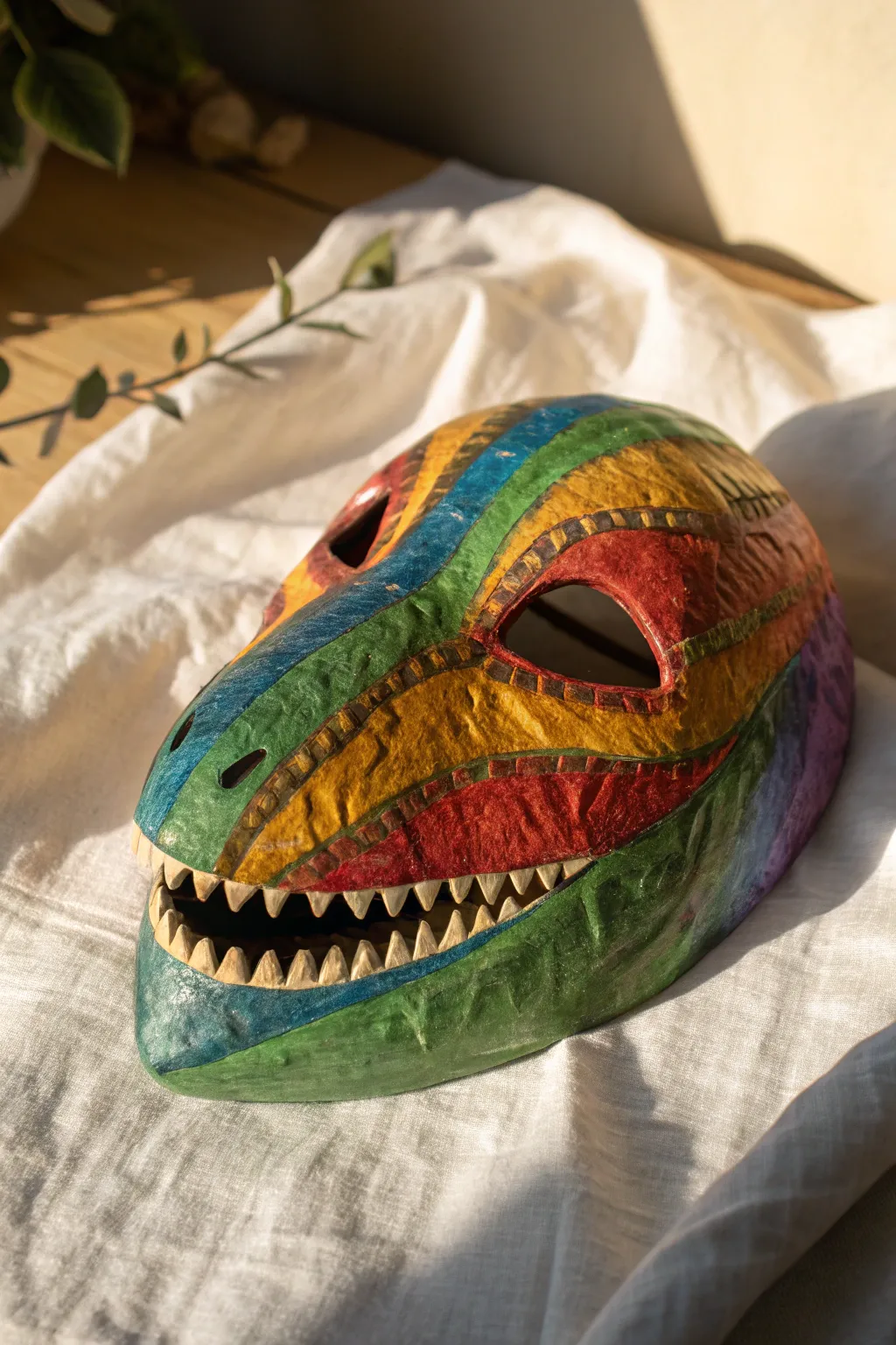 Fuzzy rainbow dino mask with worm-like texture illusion, bold color bands and handmade detail