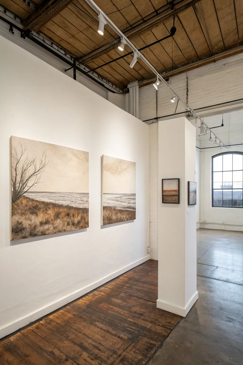 Corner-wrap diptych: one continuous branch line flows across both canvases and turns the corner