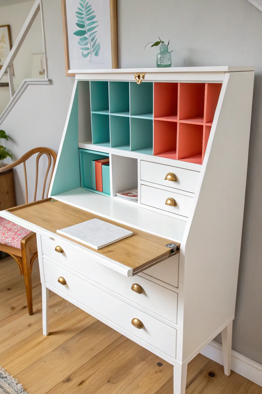 Neutral outside, bold inside: a painted desk with a bright cubby surprise in crisp detail.