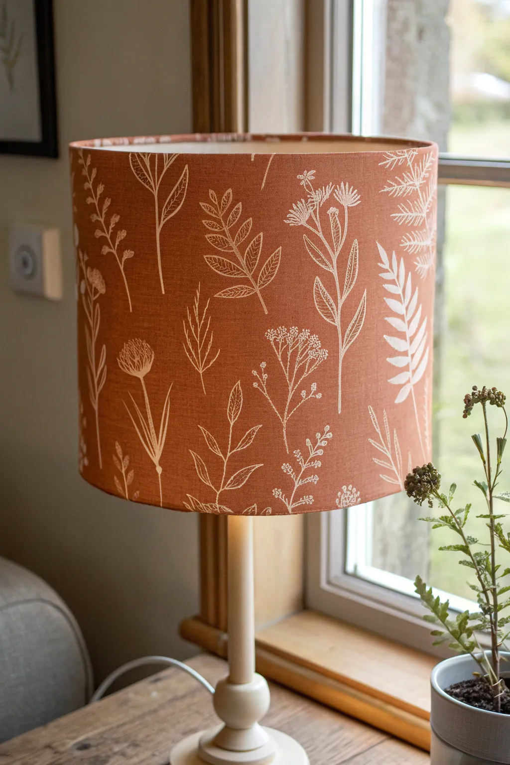 Reverse stencil lampshade with crisp negative-space motif and a peeled corner reveal, minimalist boho.