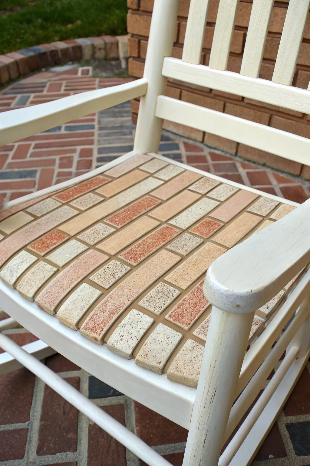 Faux inlay lines turn a painted rocking chair seat into a chic Scandinavian-boho showpiece.