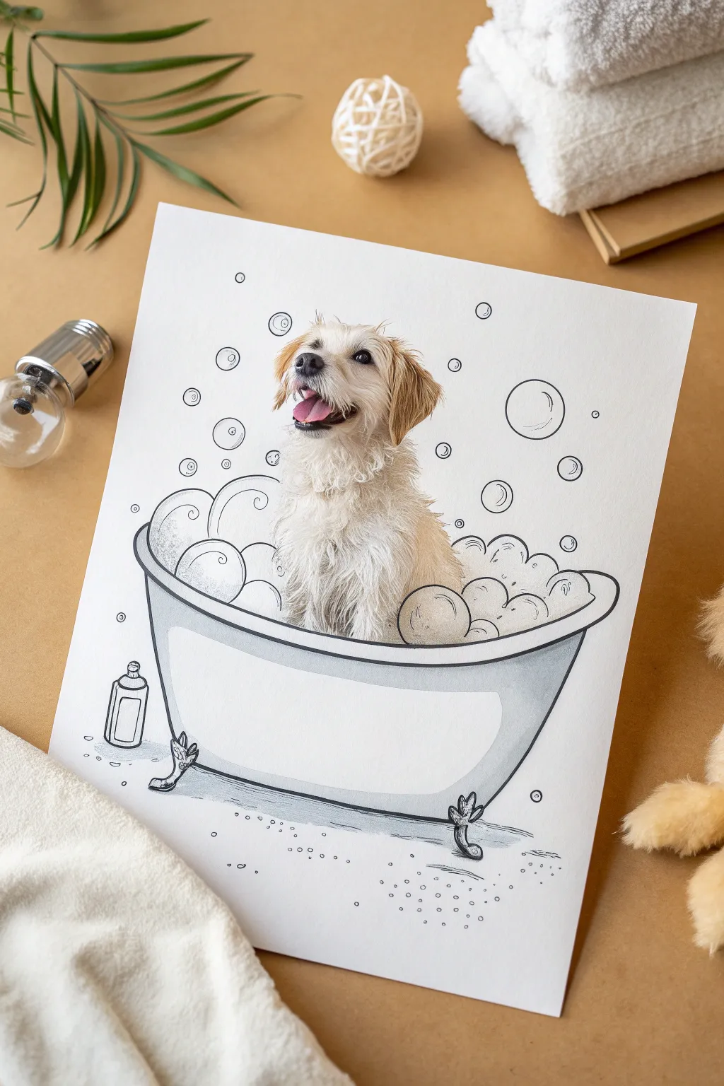 Simple dog in a bubble bath illustration idea, clean Scandinavian lines with soft boho warmth