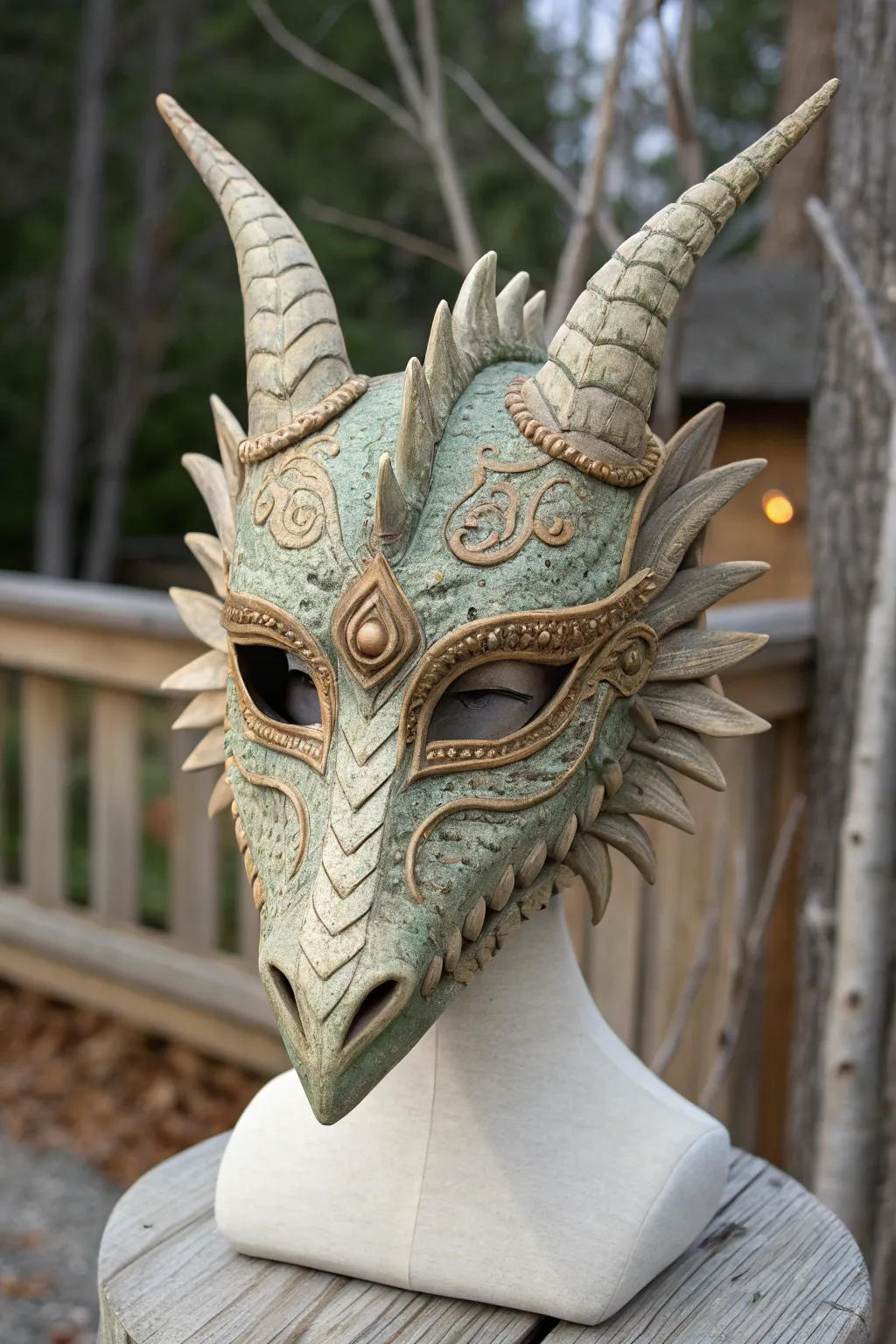 Mask-to-puppet dragon: minimalist handmade papier-mache with hidden jaw grip visible.