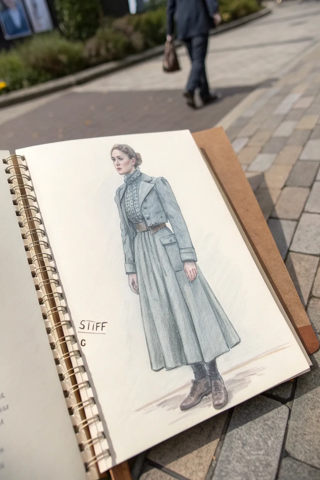 Minimalist outfit study sketch of a historical inspired character with fabric notes and folds