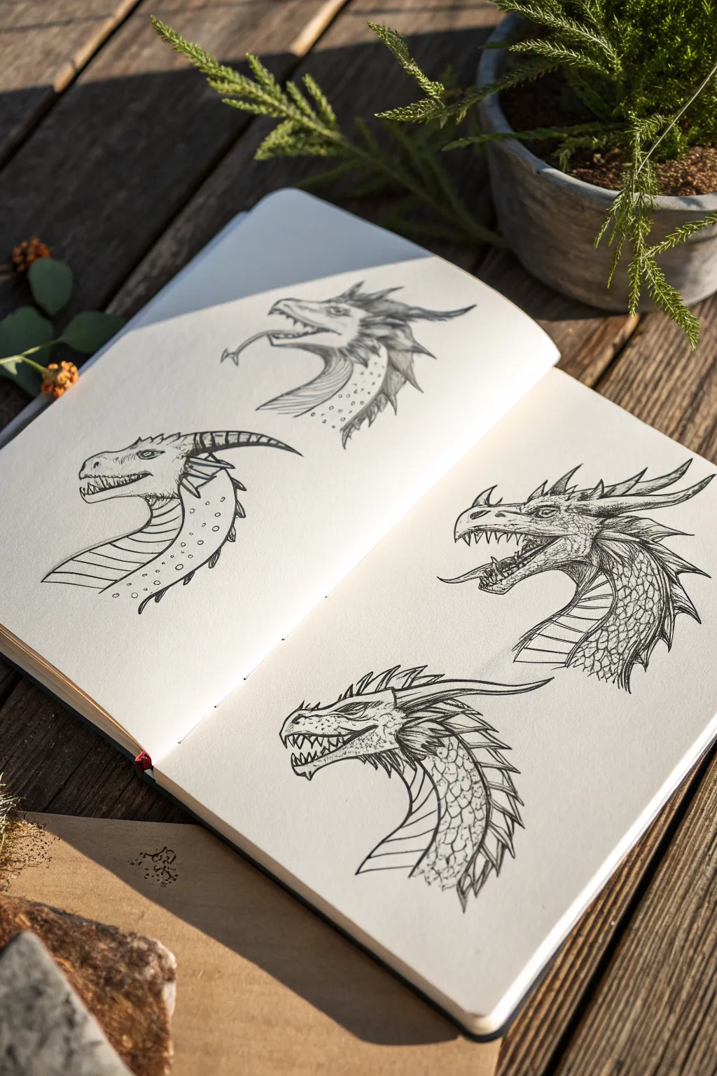 Four dragon head ink studies exploring horns, teeth, and scales in clean minimalist lines.