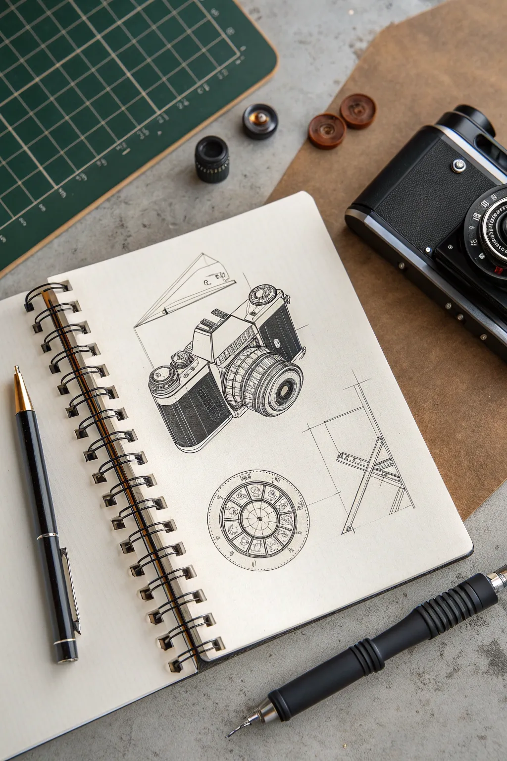Pro drawing practice: precision mechanical sketch with a clean exploded detail view, minimalist style
