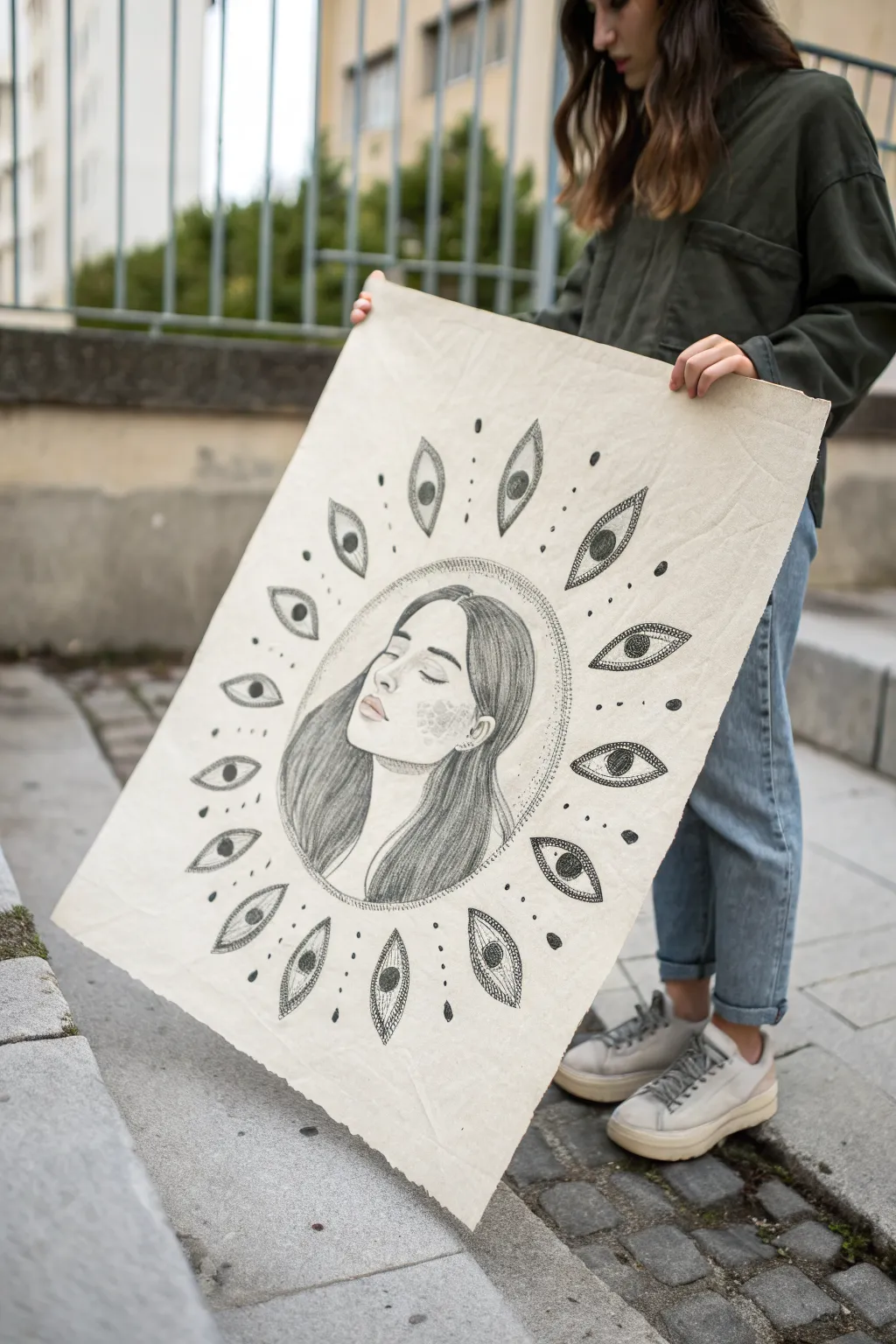 Minimalist page: a central figure ringed by a thousand matching eyes in shadow and mirrors