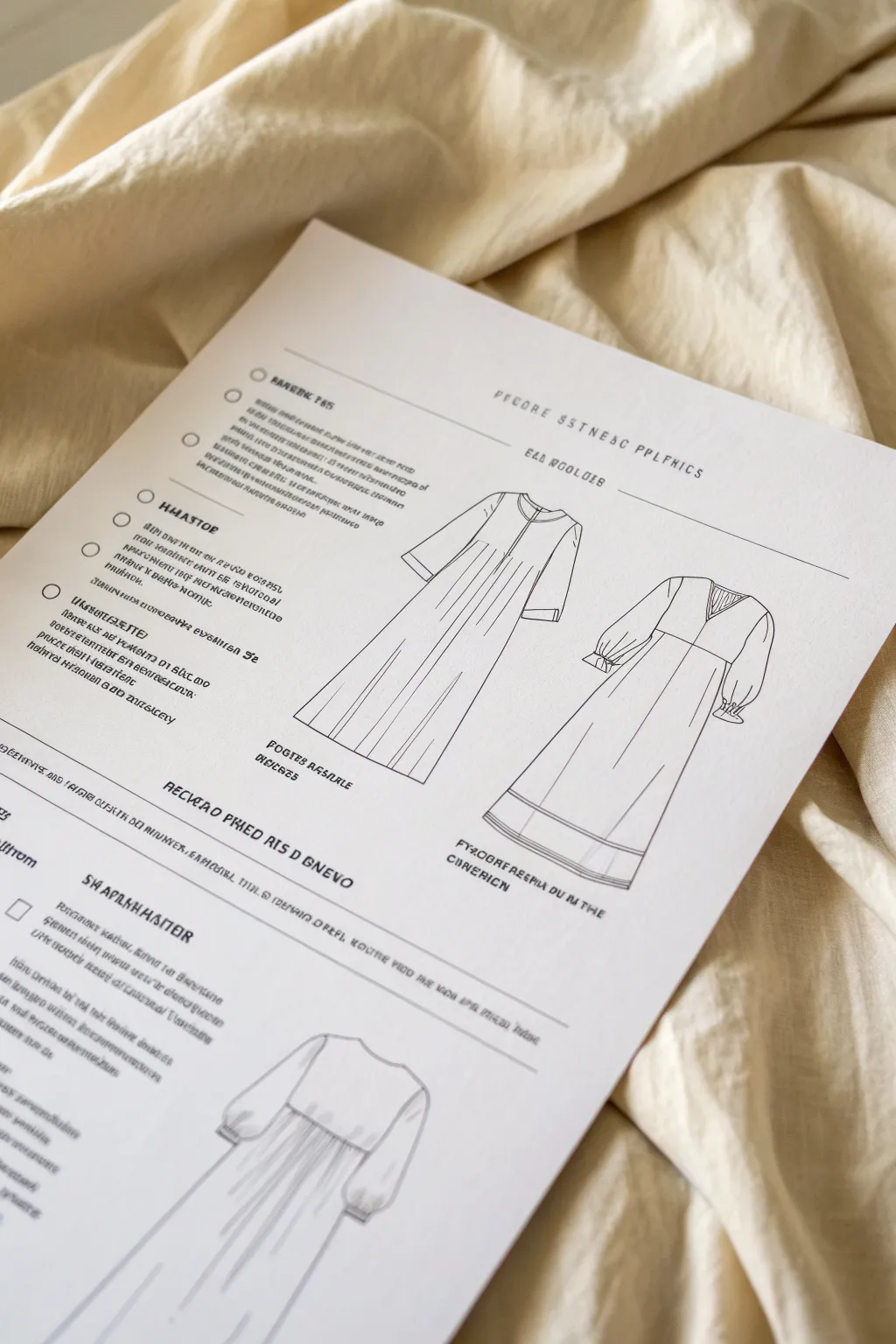 Minimalist multi-view dress lineup sheet for sketching front, back, and side details