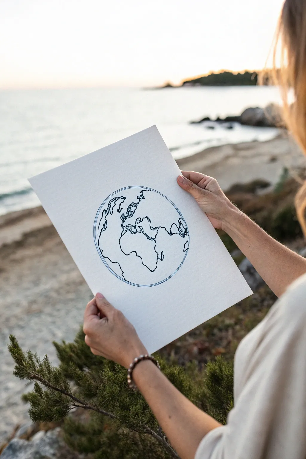 Minimal line art Earth circle with a soft blue wash, calm modern vibe for easy painting practice.