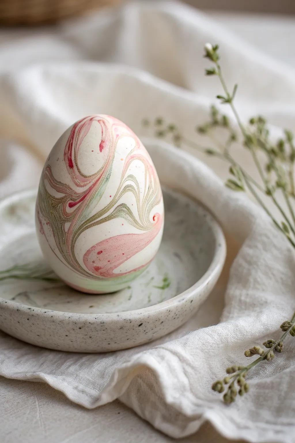Marbled swirl Easter egg in blush and sage on a ceramic tray, minimal Nordic boho mood.
