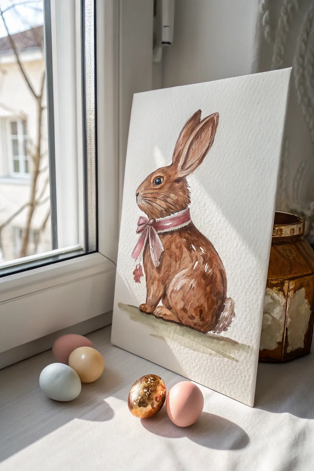 Paint a wrapped chocolate bunny with soft pastel eggs in a Scandinavian minimalist watercolor still life.