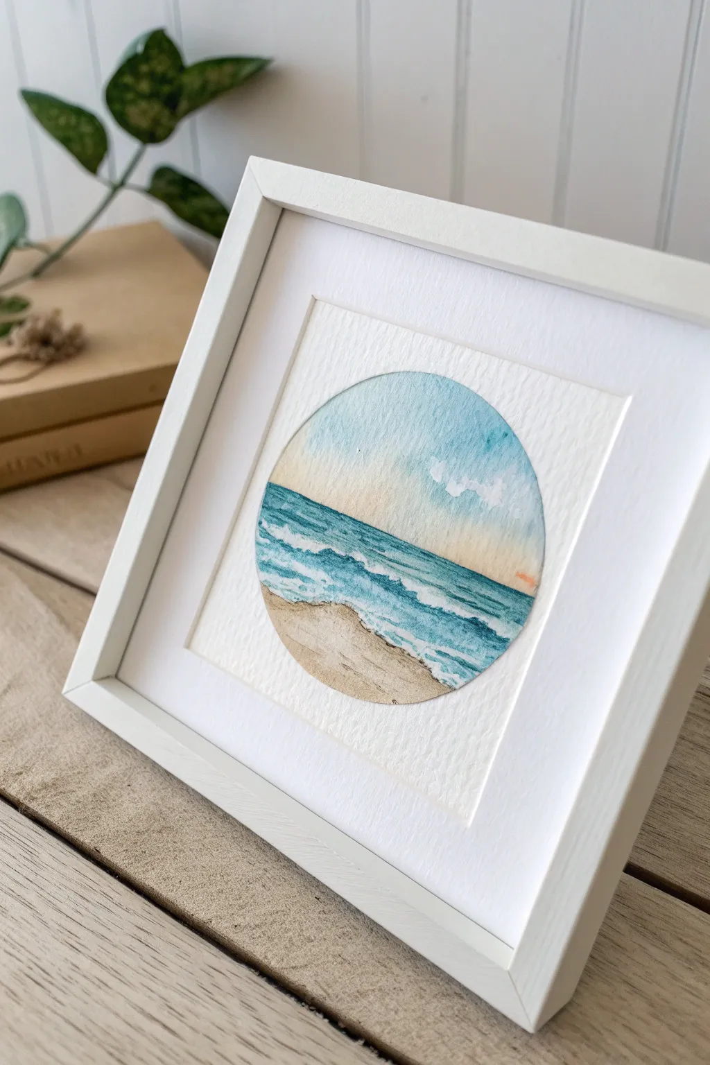 Mini round beach painting with clean edges and calming waves, perfect for quick seaside art.