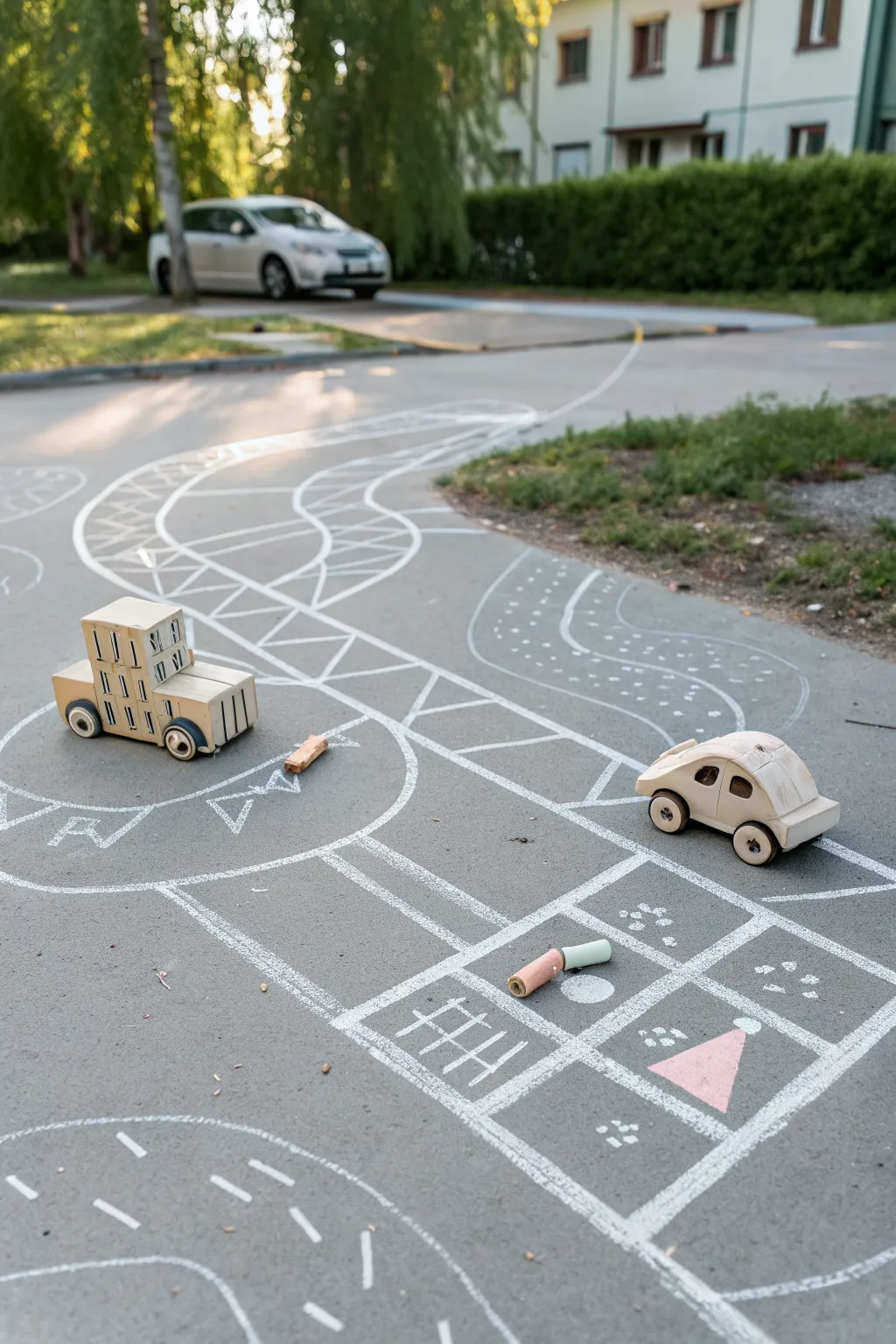 Simple driveway chalk road map with toy cars, perfect beginner chalk art for playtime