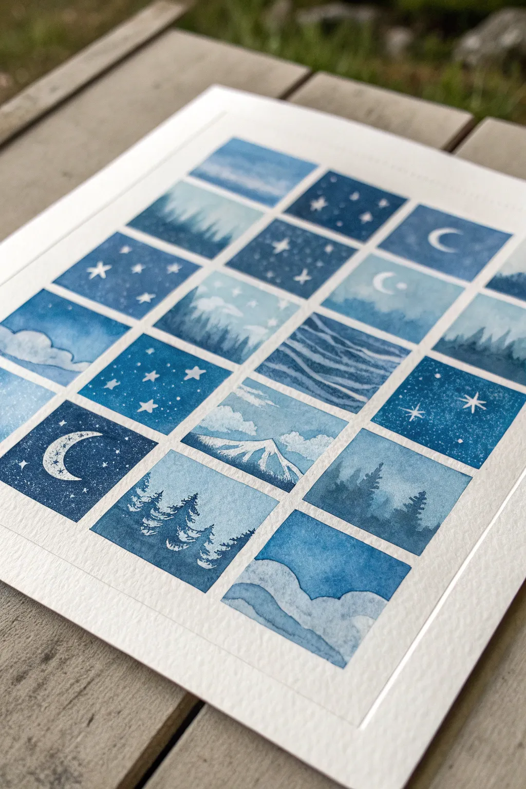 Tape-edge grid of easy blue mini paintings, crisp white borders and calm Scandinavian-boho vibes