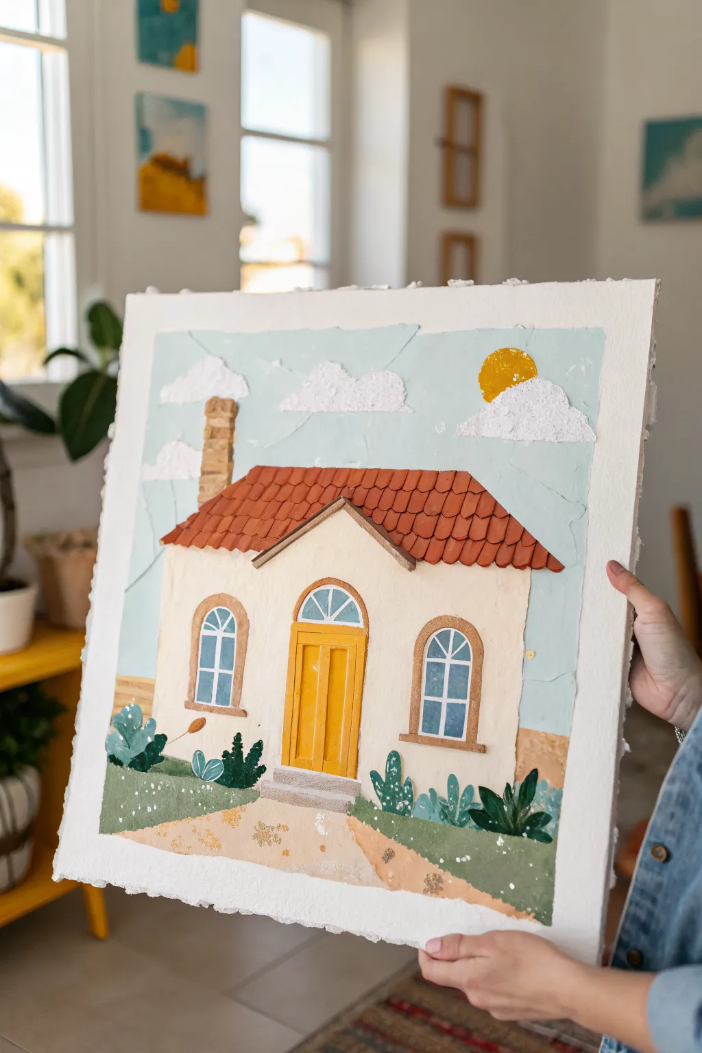 Playful paper-cut house collage on canvas with torn-edge shapes and a soft Scandinavian sky