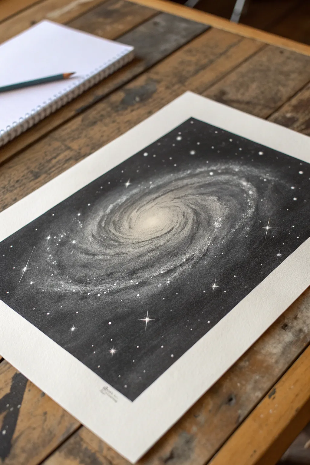 Create a dreamy charcoal galaxy with soft nebula swirls and lifted star specks for high contrast.