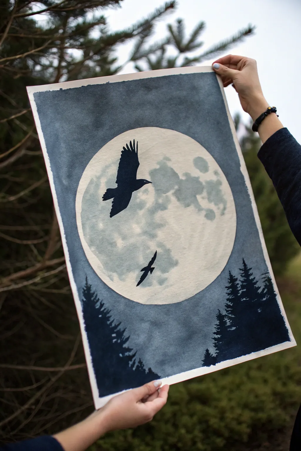 Easy dark painting: bold shadow-puppet silhouette against a soft moonlit night wash