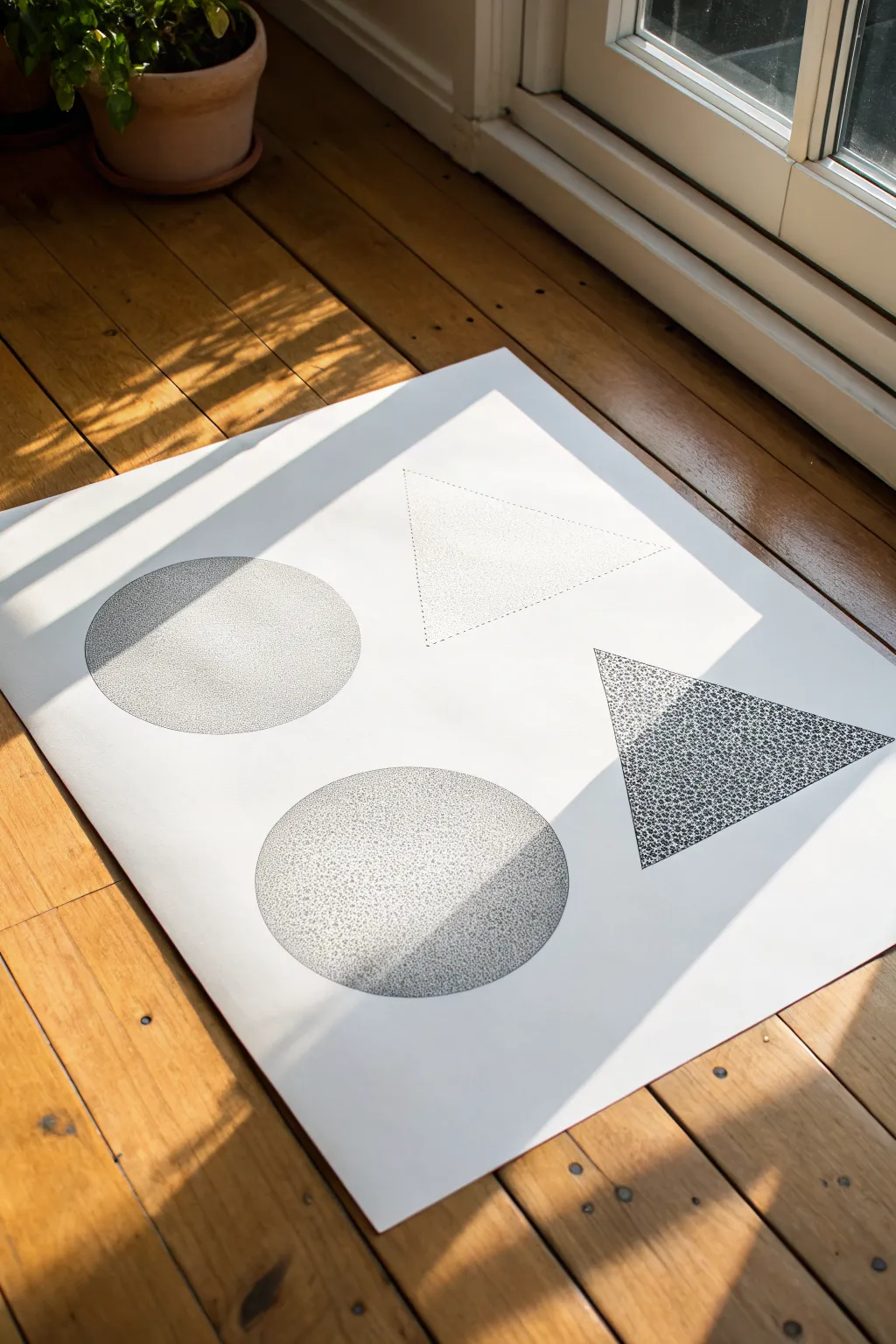Easy stippled shapes: simple forms shaded with dots fading from dense to airy