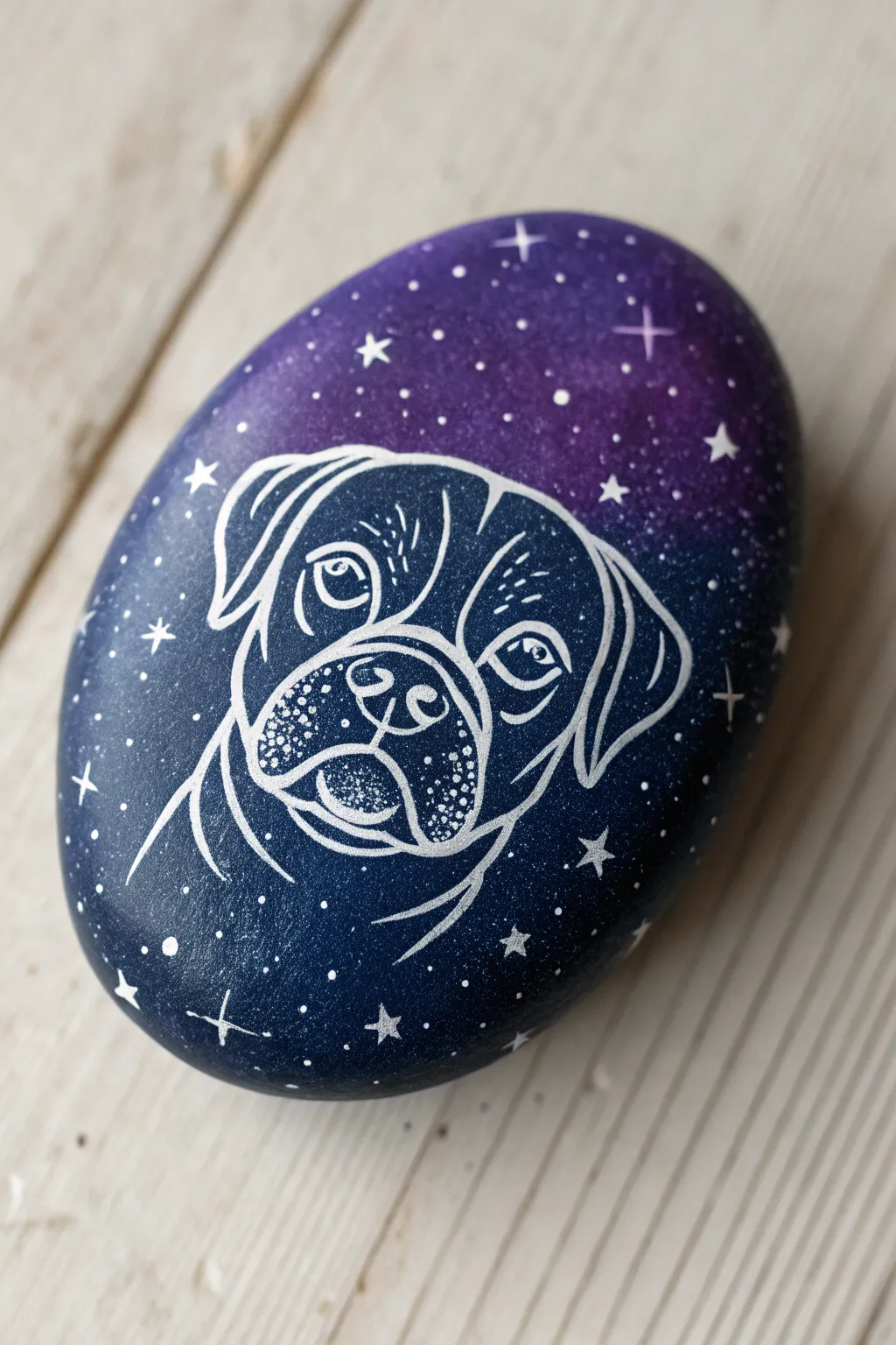 Starry galaxy dog face rock in deep blues and purples with bold, simple features and white speckles.