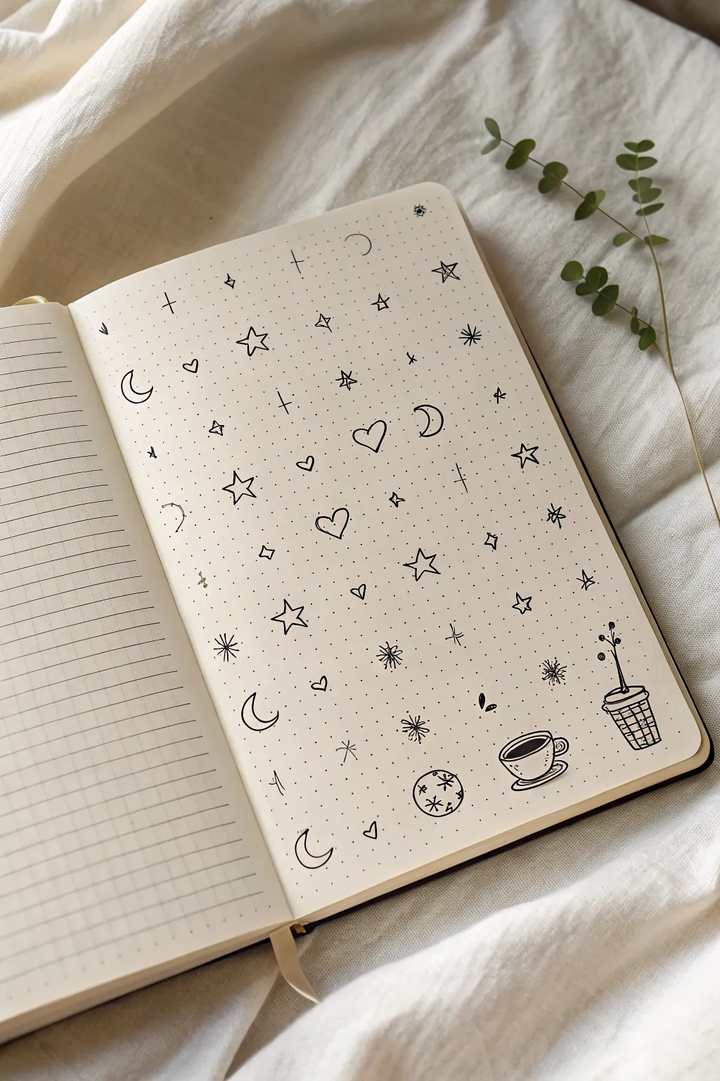 A calming page-filling grid of tiny icon doodles to copy when class feels endless.