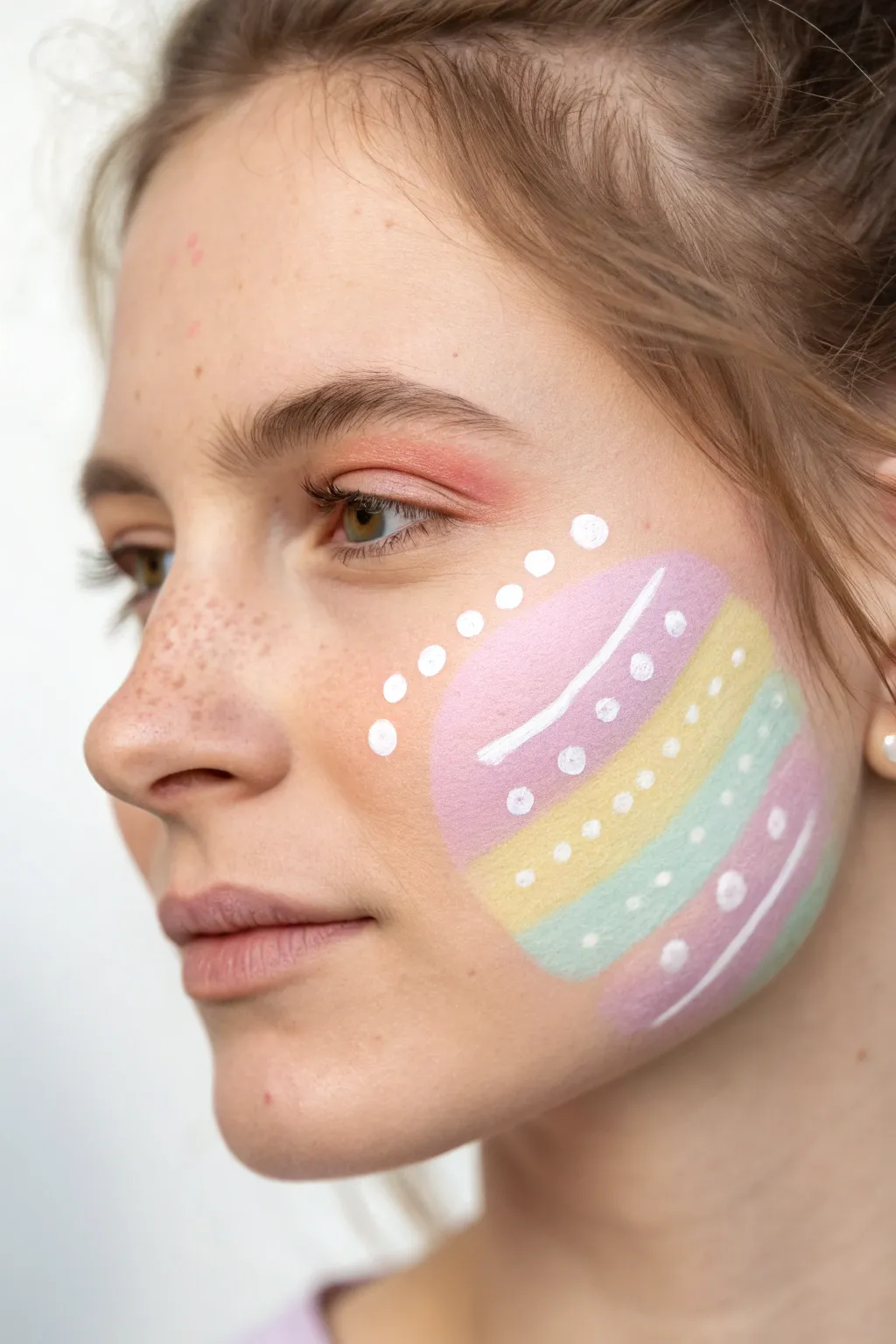 Pastel watercolor-wash Easter egg cheek art with crisp white highlights and minimalist spring charm