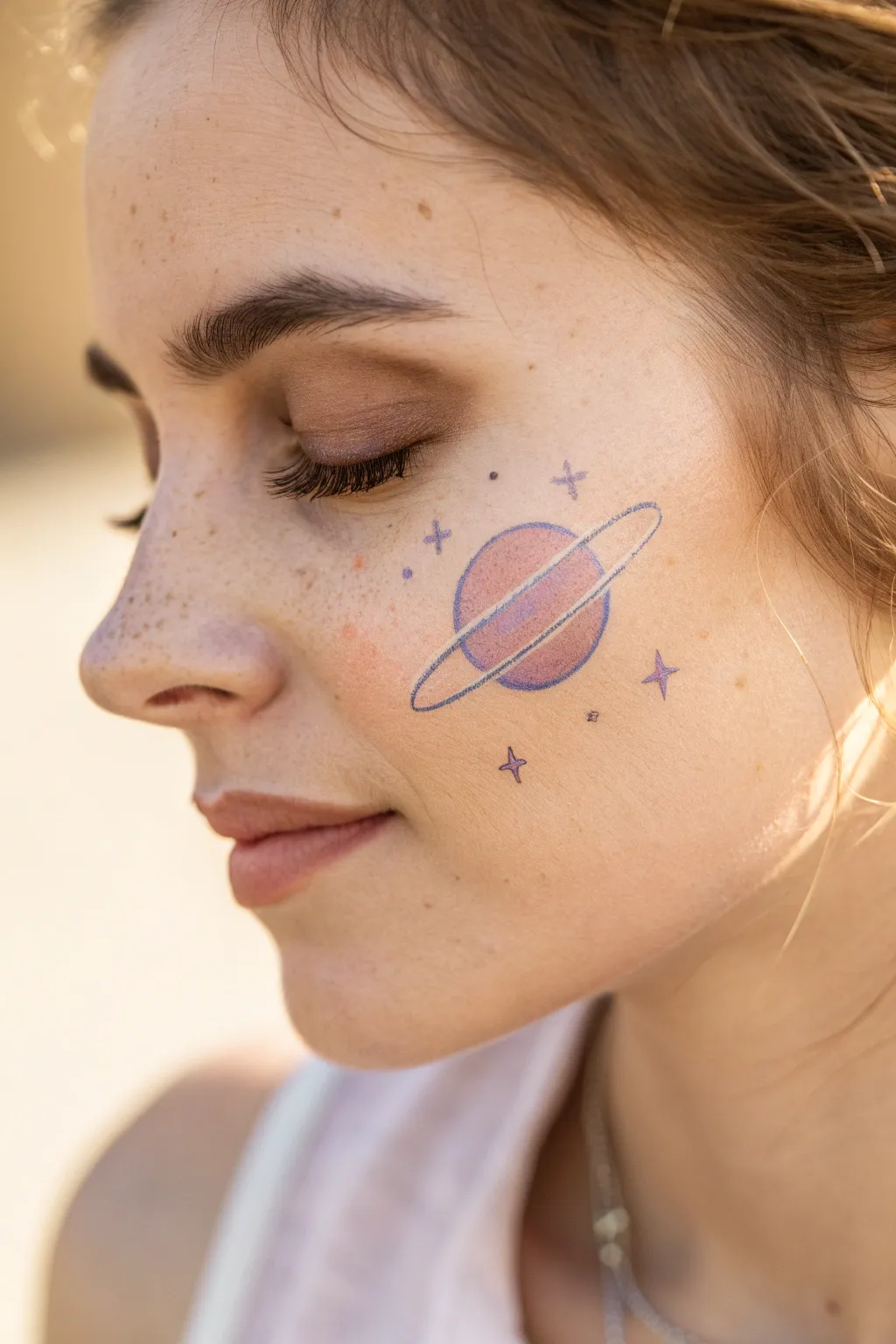 Minimal mini planet cheek paint with orbit ring and star dots, soft dreamy pastel shading