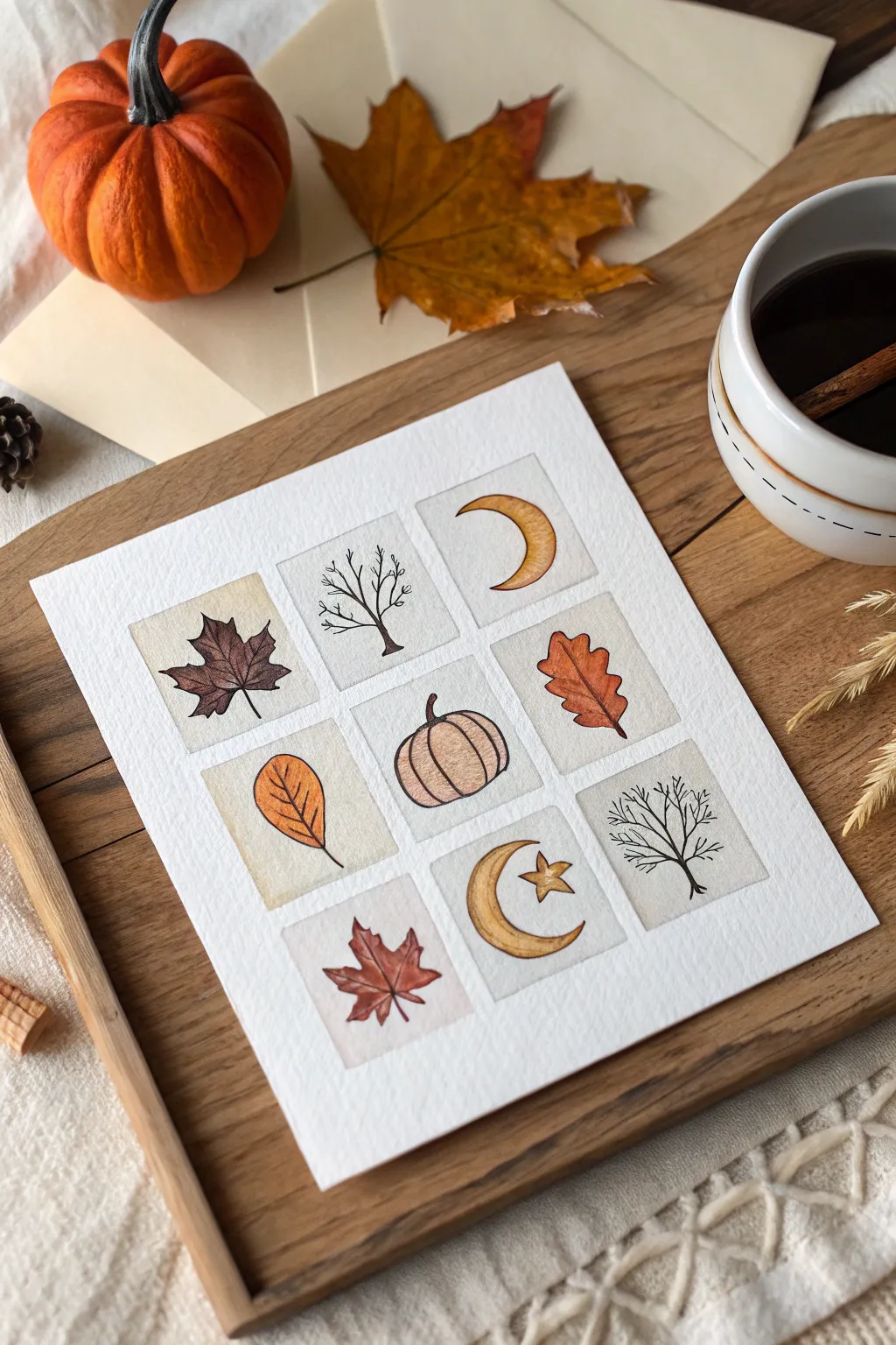 Autumn mini painting grid with simple icons in warm tones, clean lines, and cozy contrast