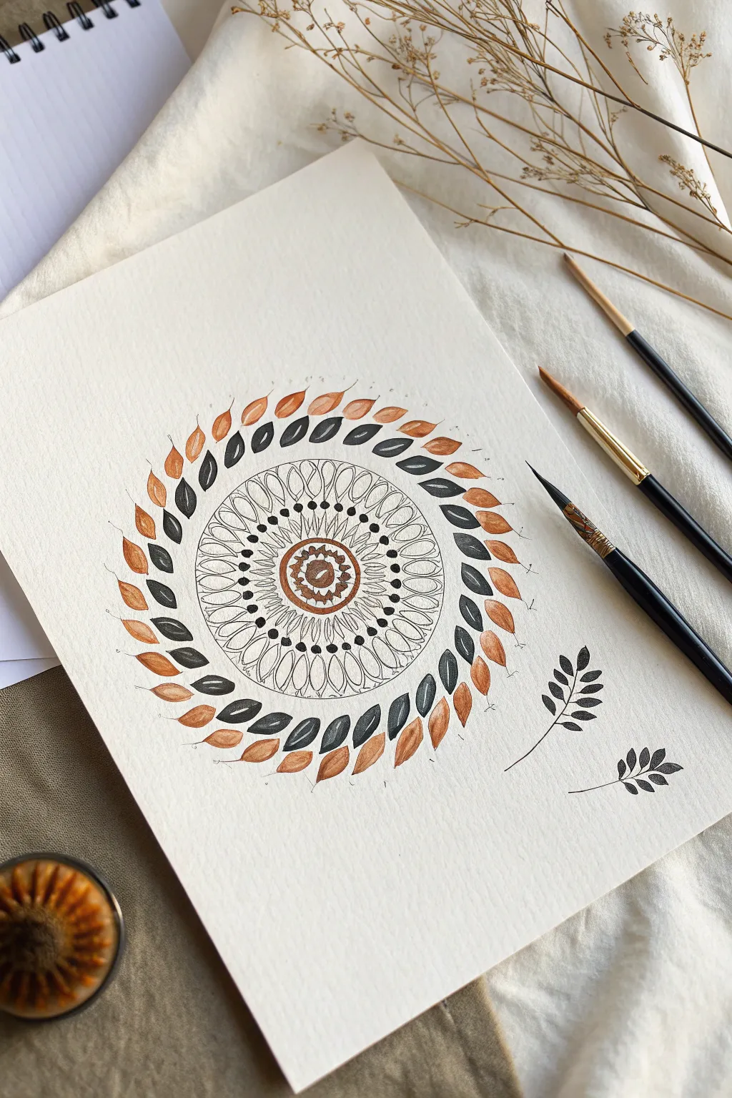 Pendulum swing spirals that mesmerize, simple materials, bold contrast, and calming boho minimalism.