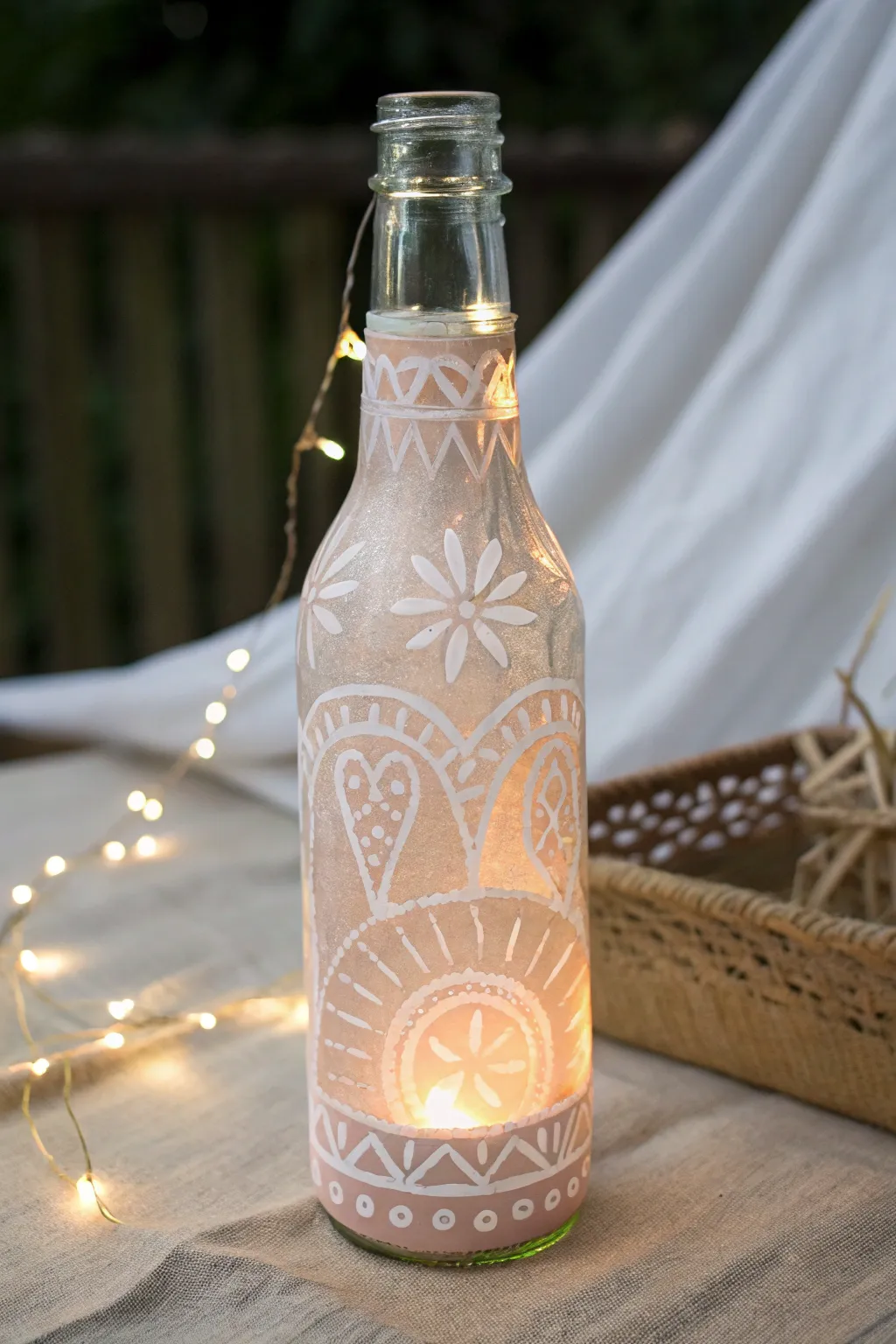 Glow-from-within painted bottle lantern with a soft translucent pattern and warm fairy lights