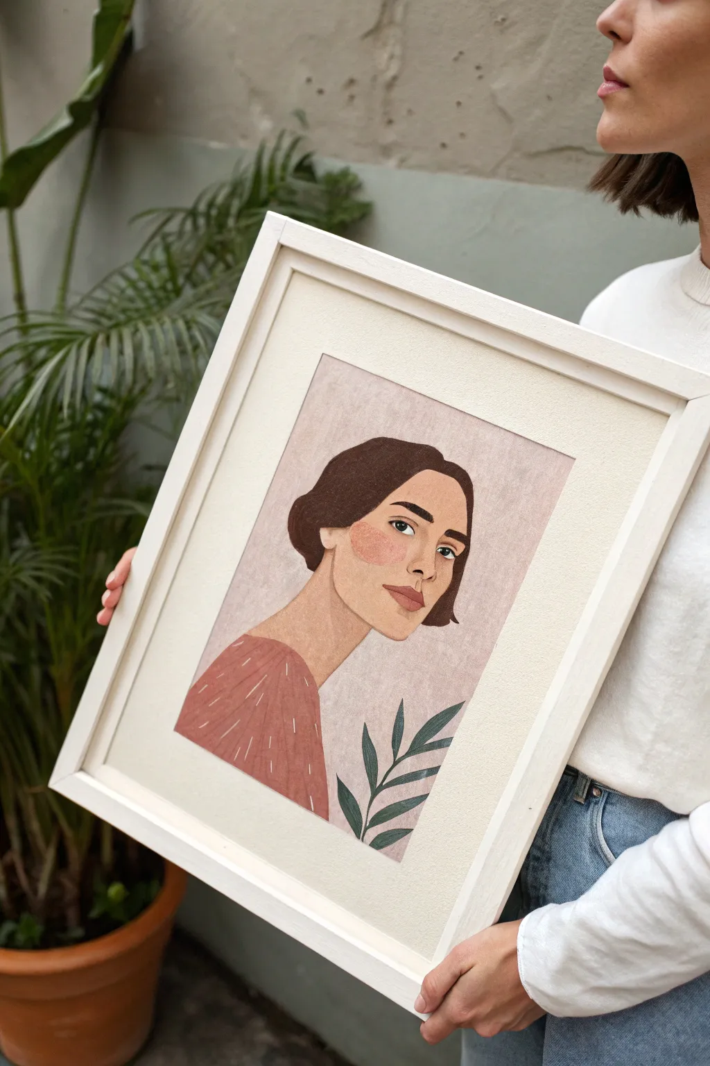 Flat gouache self-portrait with simple shadow shapes, minimalist and boho, easy to recreate