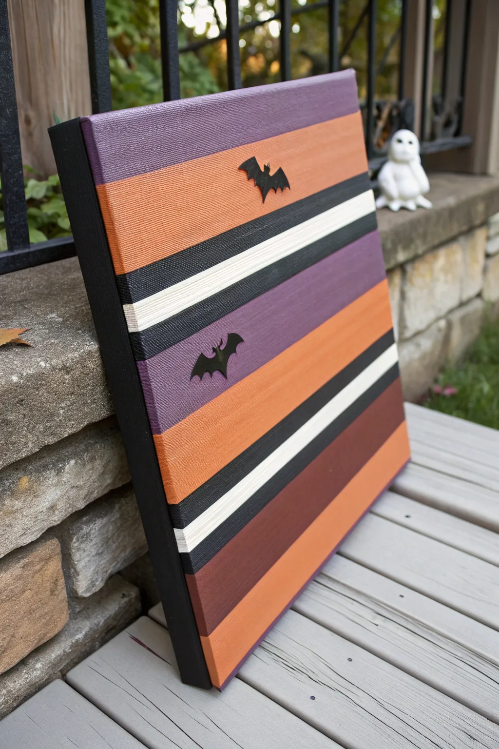 Crisp tape-resist stripes in orange, purple, and black topped with tiny Halloween silhouettes.