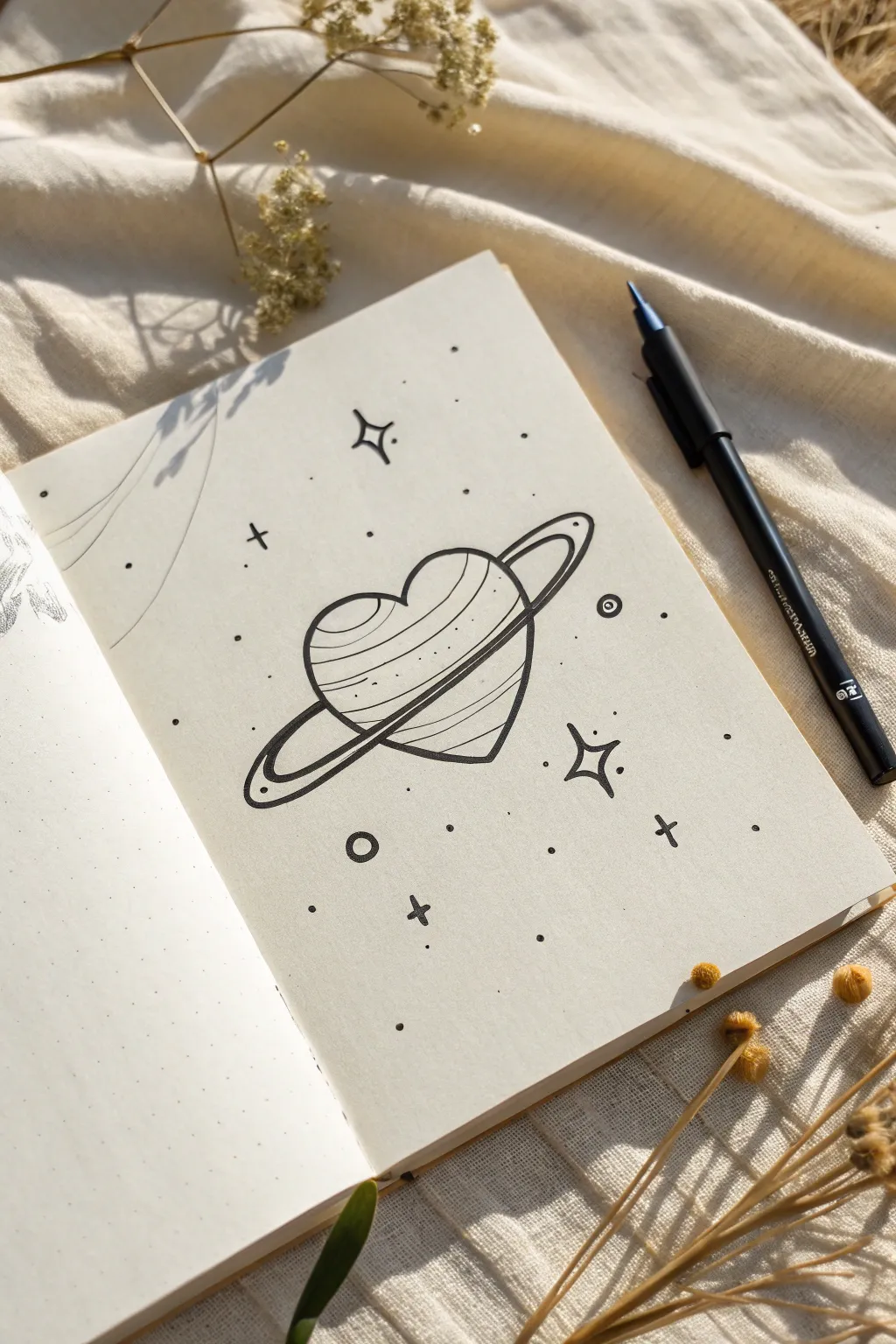 Minimal cosmic heart planet drawing with ring and tiny stars, perfect for easy love-themed sketches