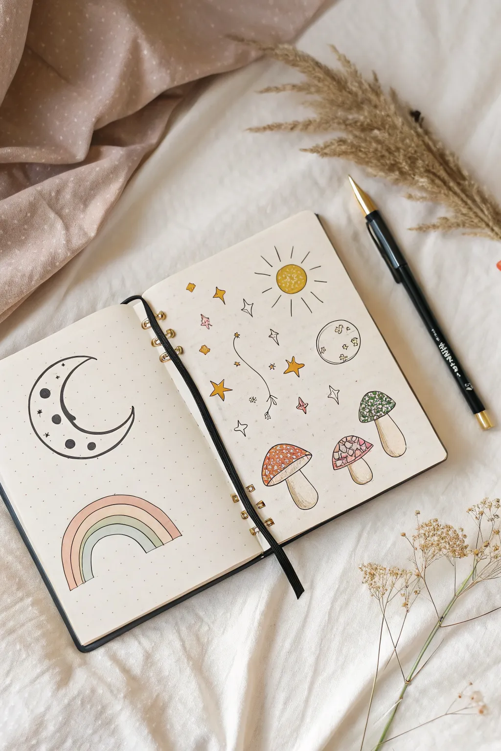 Draw a cosmic hippie icon collage: moon face, stars, rainbow, and mushrooms in soft boho tones