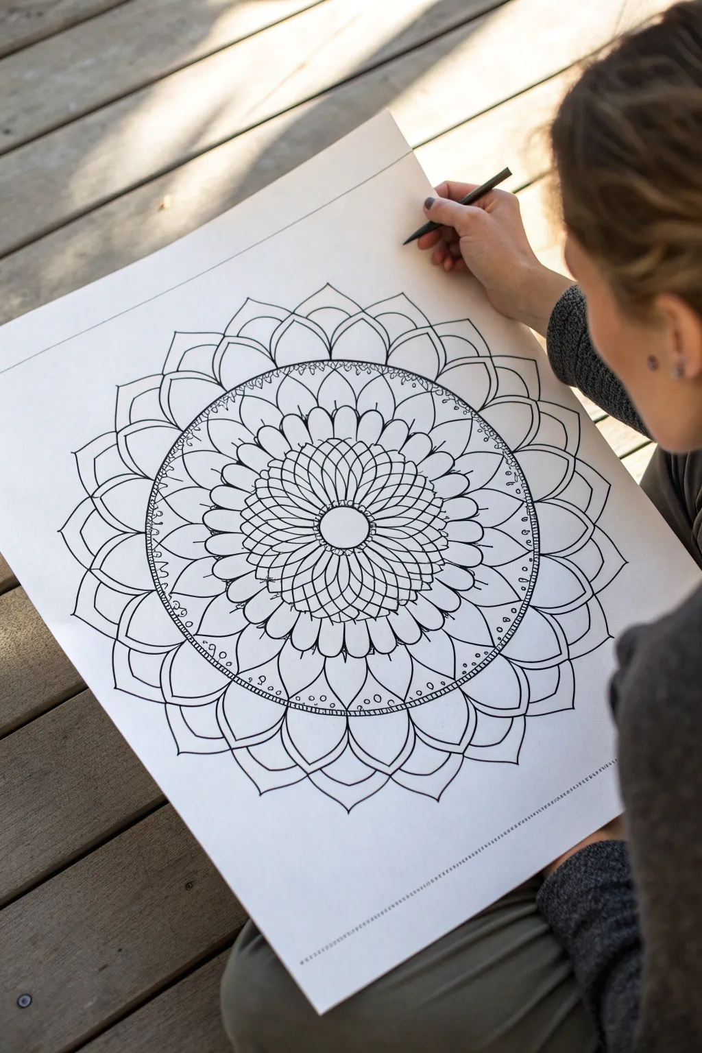Crisp black ink ring mandala with negative space petals, minimalist Scandinavian calm.