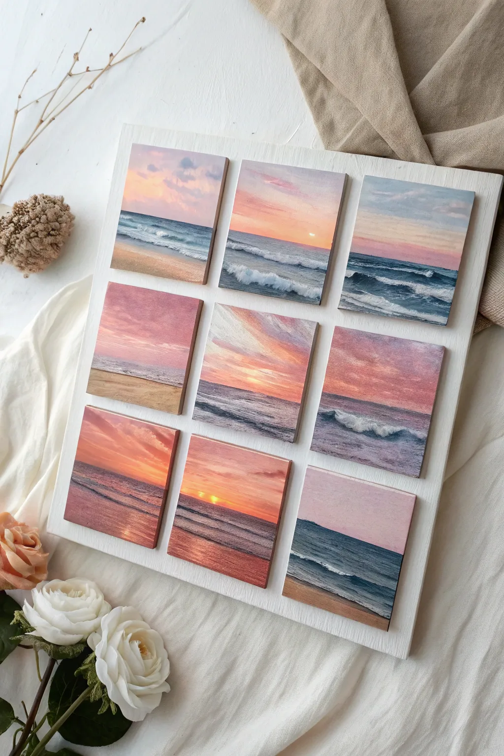 Nine tiny oil studies in a 3x3 grid, simple sunset skies for an easy mini painting series