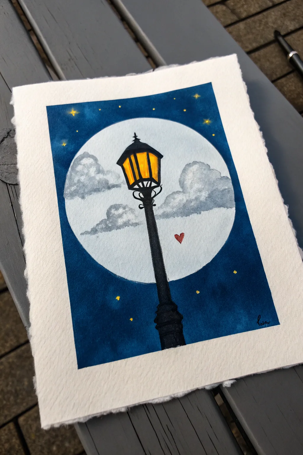 Minimal streetlight glow painting with a tiny heart cloud for cozy nighttime aesthetic
