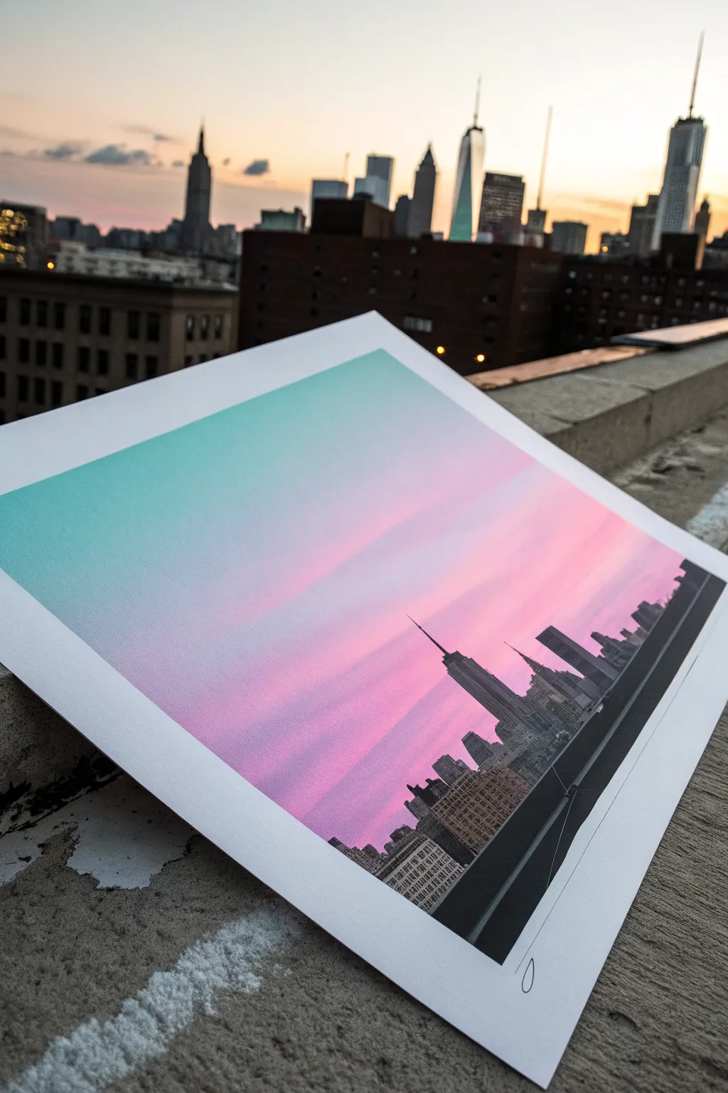 City skyline silhouette against a neon pastel gradient sky, simple steps with dramatic contrast.