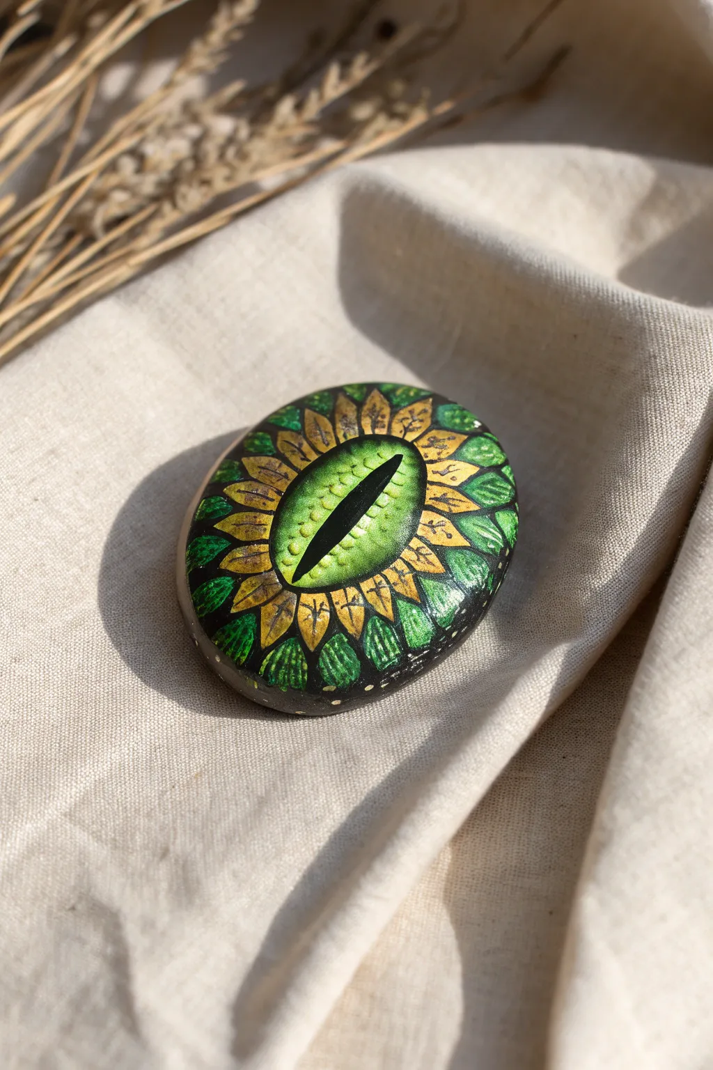 Transform a simple stone into a mystical dragon eye with this realistic painting idea.