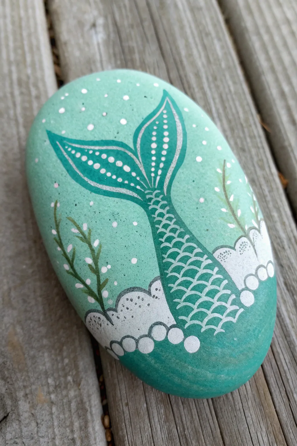 Mermaid tail rock with bold scales and painted sparkle, styled simply with shells on sand