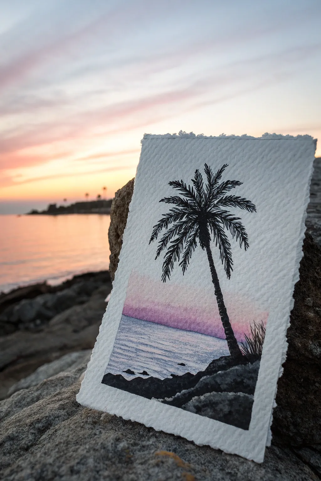 Palm tree silhouette at dusk: a simple high-contrast scene with a dreamy pink-to-indigo gradient sky