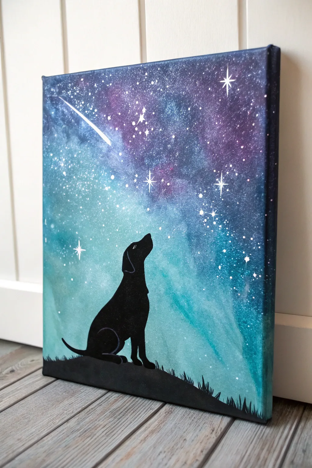 Easy sip and paint: a bold pet silhouette against a dreamy galaxy night sky