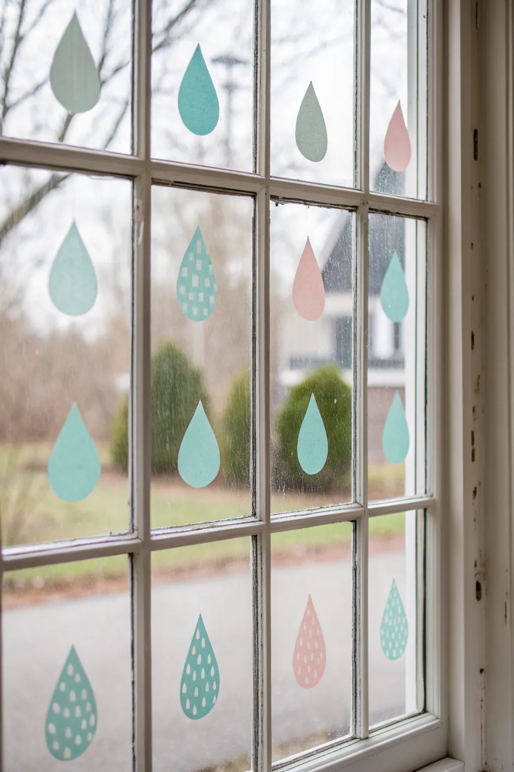 Crisp tape-resist raindrops and tiny sprouts on glass, floating over a soft pastel spring wash.
